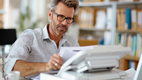 A man is sitting in an office environment, handling a stack of documents while working with a printer. The office is filled with shelves of books and folders in the background.