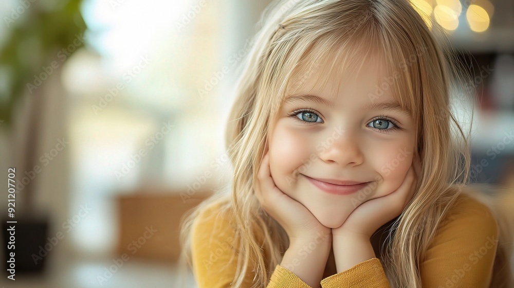 Golden Smiles and Daydreams: A young girl with bright, captivating eyes rests her chin in her hands, her joyful smile radiating warmth and innocence. Golden Smiles and Daydreams: A young girl with bright, captivating eyes rests her chin in her hands, her joyful smile radiating warmth and innocence.