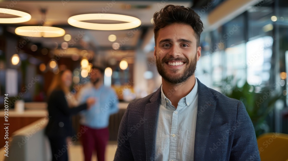 A professional stands with a welcoming smile in a modern office space characterized by contemporary decor, highlighting a friendly and engaging work environment. A professional stands with a welcoming smile in a modern office space characterized by contemporary decor, highlighting a friendly and engaging work environment.