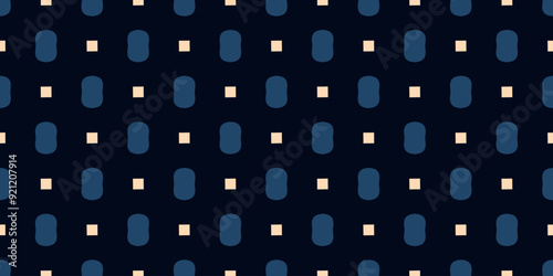 Random elements repeat pattern deep blue background. Oval, square shapes geometric motif contrasting blue yellow colors palette. Fabric, textile, wallpaper design. Easy to recolor all over print block