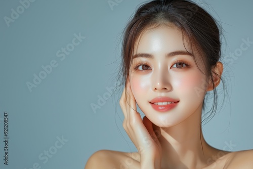 Close up Asian model with a beautiful face. Cosmetology, beauty, skincare concept.