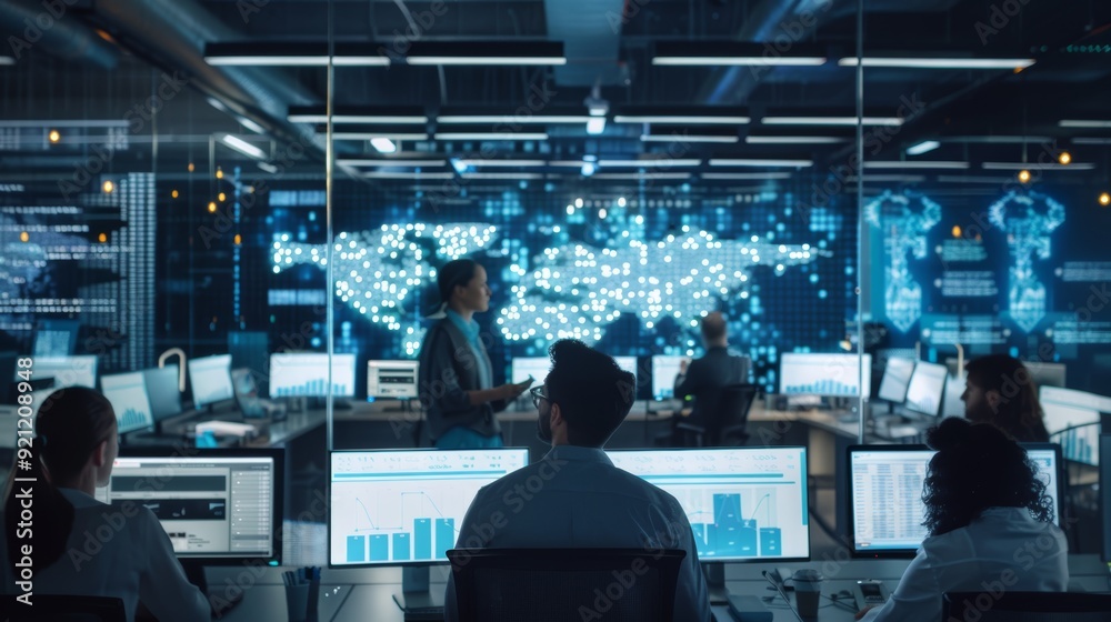 Business Team Analyzing Data on Multiple Screens in Modern Office for Project Planning Business Team Analyzing Data on Multiple Screens in Modern Office for Project Planning