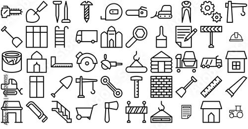 A Collection Of Construction Line Icons Icons Web Header Banner Design Containing Trowel,Business,Shovel,Crane,Construction Set Vector Flat Line Icons