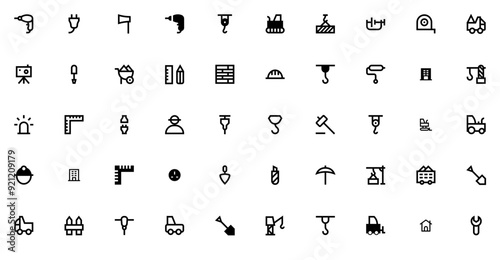 Set Of Construction R Pixel Prefectlineglyphs Icons Silhouette Vector Logo Design Containing Building,Crane,Tools,Construction,Machinery Stroke Icon Collection. Vector Illustration