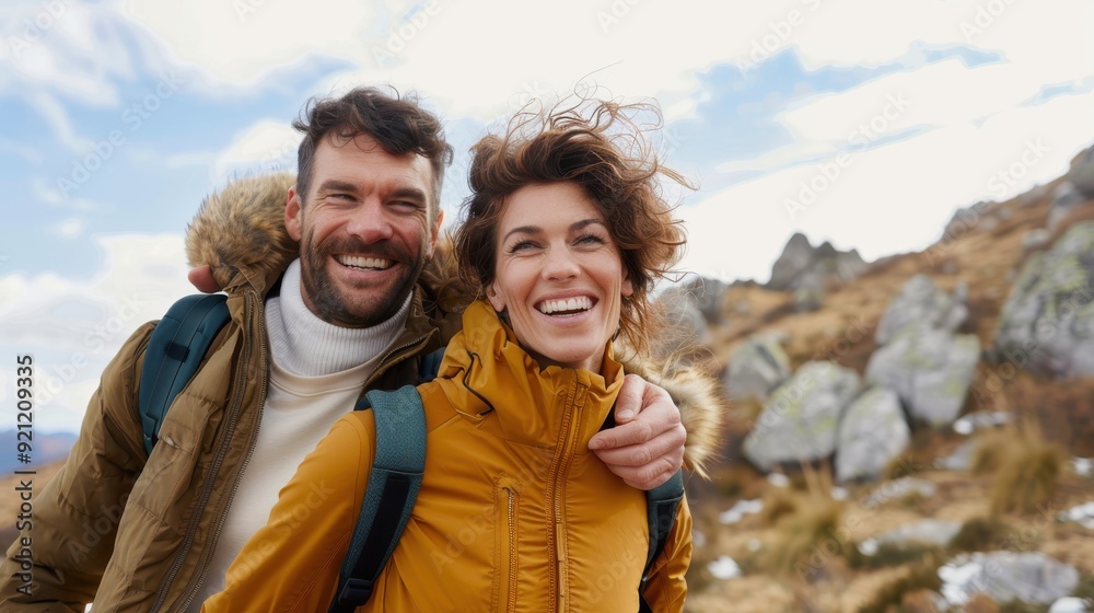 A couple dressed warmly, smiling happily and embracing each other while hiking in a picturesque mountain landscape with scattered rocks and clear sky. A couple dressed warmly, smiling happily and embracing each other while hiking in a picturesque mountain landscape with scattered rocks and clear sky.