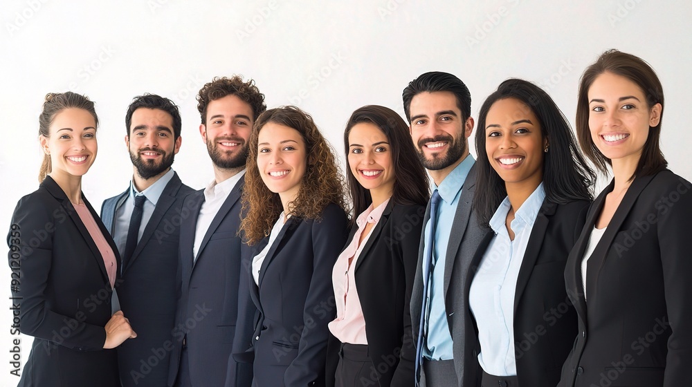 United in Success: A diverse and confident business team stands together, radiating professionalism and achievement against a clean white backdrop. United in Success: A diverse and confident business team stands together, radiating professionalism and achievement against a clean white backdrop.