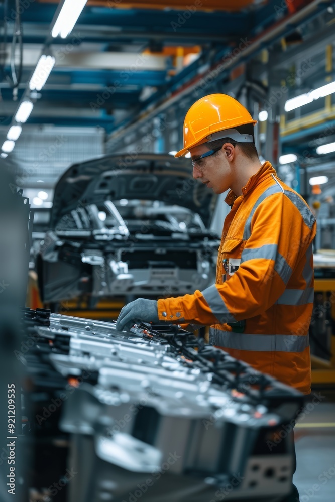 Engineer Inspecting Electric Vehicle Battery Installation in Advanced Clean Energy Factory Engineer Inspecting Electric Vehicle Battery Installation in Advanced Clean Energy Factory