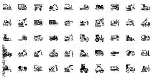 Set Of Construction Vehicles Solid Isolated Silhouette Solid Icons With Truck,Vehicle,Transport,Construction,Transportation Business Infographic Elements Logo Vector Illustration