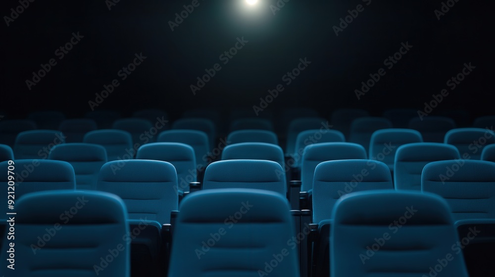 Fototapeta premium Cinematic Spotlight in Dark Theater, a dramatic scene showcasing a brightly lit area surrounded by shadows, perfect for emphasizing text or creating a mood evocative of film.