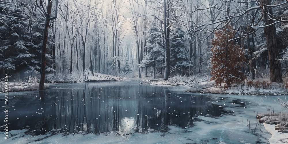 Naklejka premium Frozen pond in a serene winter forest