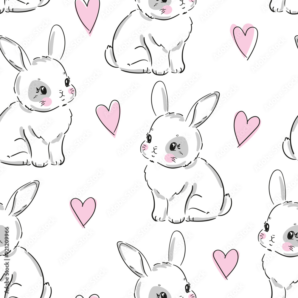 Bunny Pattern Hand Drawn, print design rabbit background, children print textile design