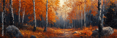 Breathtaking Autumn Forest Scene with Golden Leaves and Misty Atmosphere - Vibrant Landscape Oil Painting Ideal for Seasonal Wall Art