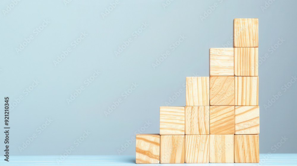 Wooden Blocks Representing Financial Growth, minimalistic assembly of wooden blocks creating an upward line graph on a simple backdrop, emphasizing progress and success Wooden Blocks Representing Financial Growth, minimalistic assembly of wooden blocks creating an upward line graph on a simple backdrop, emphasizing progress and success