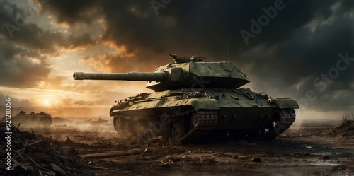 military tank in a desolate battlefield at sunset 