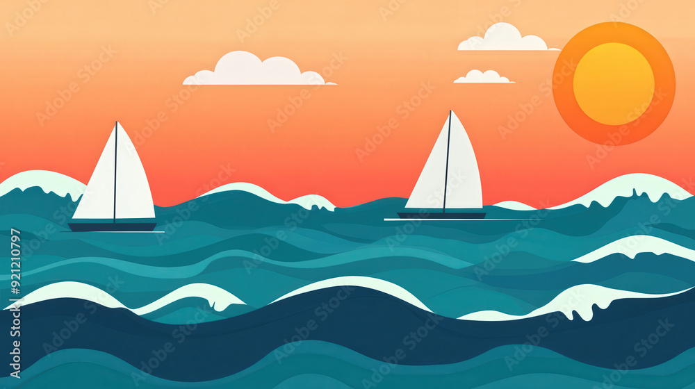 Naklejka premium Sailing Adventure, a vibrant flat design illustration showcasing colorful boats gliding over dynamic ocean waves under a bright, clear sky, evoking a sense of freedom and exploration.