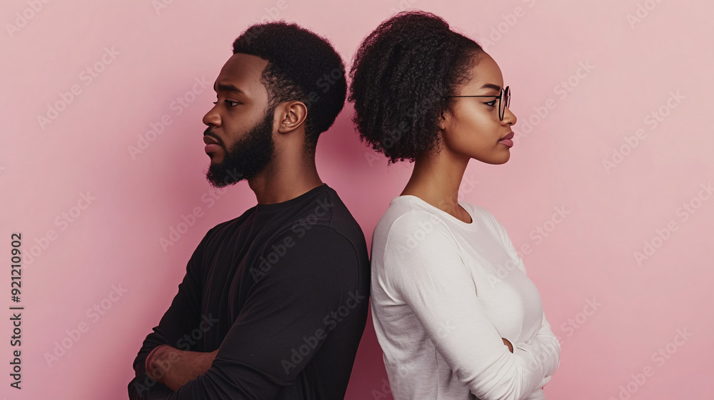 Profile side view of African American young couple standing back to back on pink studio wall, portrait of sad black man and woman after family quarrel, not talking to each other. Profile side view of African American young couple standing back to back on pink studio wall, portrait of sad black man and woman after family quarrel, not talking to each other.