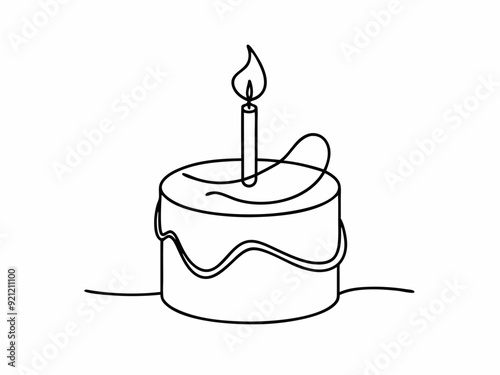 continuous single line drawing of birthday cake with candle on top, line art vector illustration
