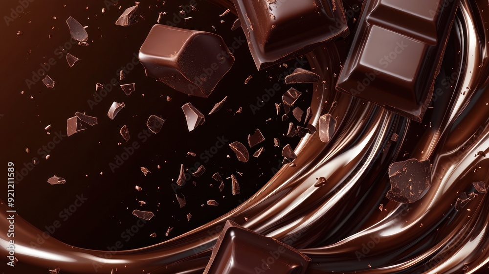 A dark brown chocolate bar is shown in a splatter of chocolate A dark brown chocolate bar is shown in a splatter of chocolate