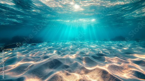 Sun rays underwater at depth in the sea  sand and blue water