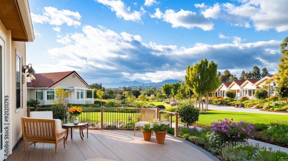 Obraz premium A beautiful backyard view with flowers, greenery, and a cozy seating area under a bright sky, perfect for relaxation.