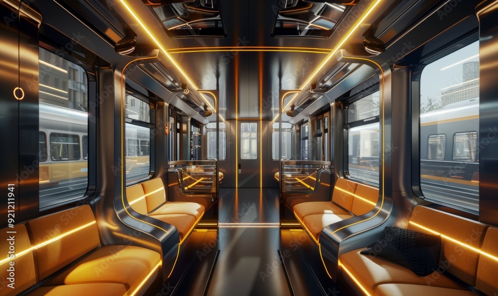 Modern train interior with comfortable seating and ambient lighting Modern train interior with comfortable seating and ambient lighting