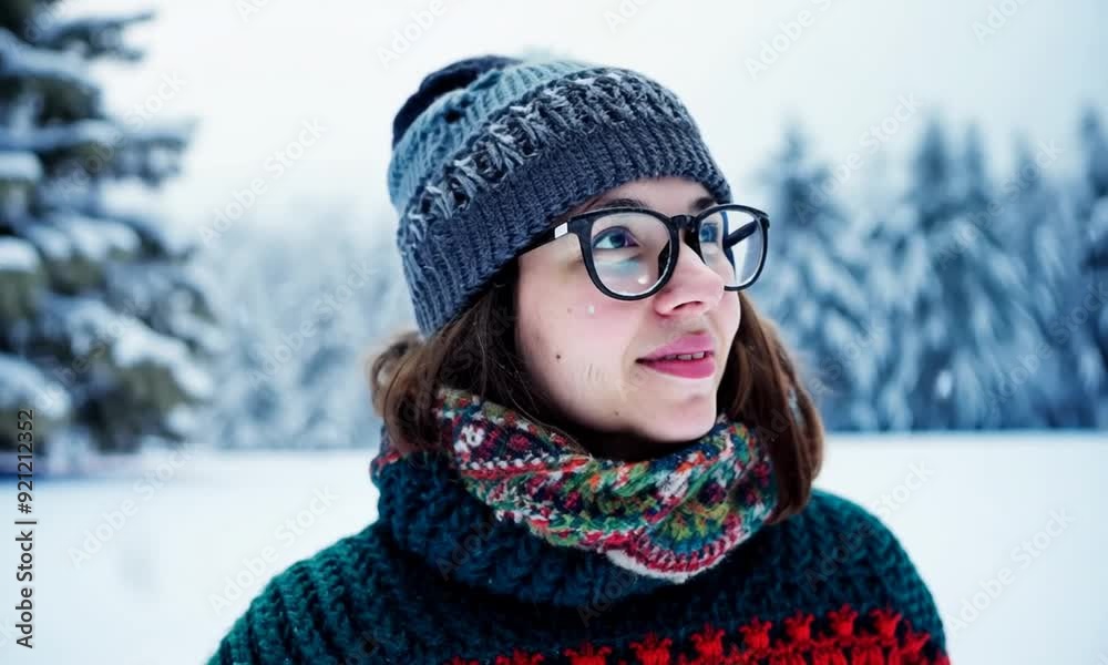 A person wearing glasses, a knitted hat, and a colorful suggesting a winter atmosphere. A person wearing glasses, a knitted hat, and a colorful suggesting a winter atmosphere.