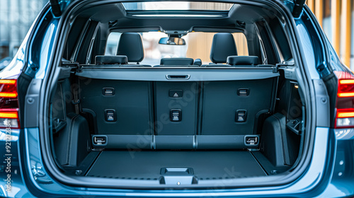 The blue car has a large open trunk, ideal for showing storage capacity, road trips, or vehicle features. photo