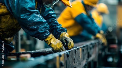 A series of close-up portraits of factory workers, with protective gear and hands at work, capturing the rhythm of industrial labor.