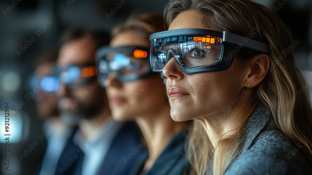 A business team collaborating on a project, using augmented reality glasses to visualize different scenarios A business team collaborating on a project, using augmented reality glasses to visualize different scenarios