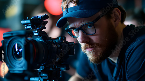 A series of close-up portraits of directors in the middle of a film set, with intense focus and the action unfolding behind them.
 photo