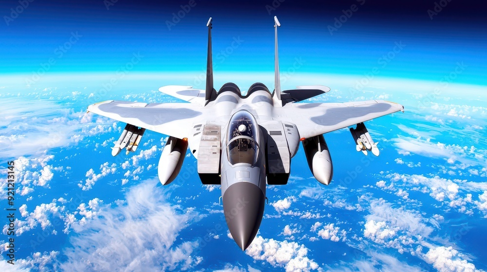 Obraz premium A fighter jet soaring above the clouds, showcasing aerial power and advanced technology in a stunning sky view.