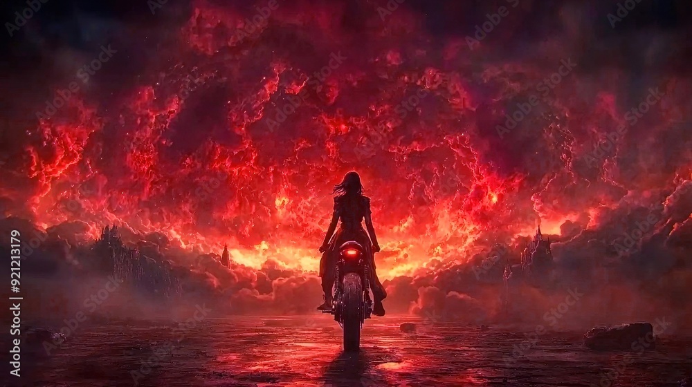 A dramatic scene featuring a figure on a motorcycle against a fiery, apocalyptic backdrop, evoking adventure and intensity. A dramatic scene featuring a figure on a motorcycle against a fiery, apocalyptic backdrop, evoking adventure and intensity.