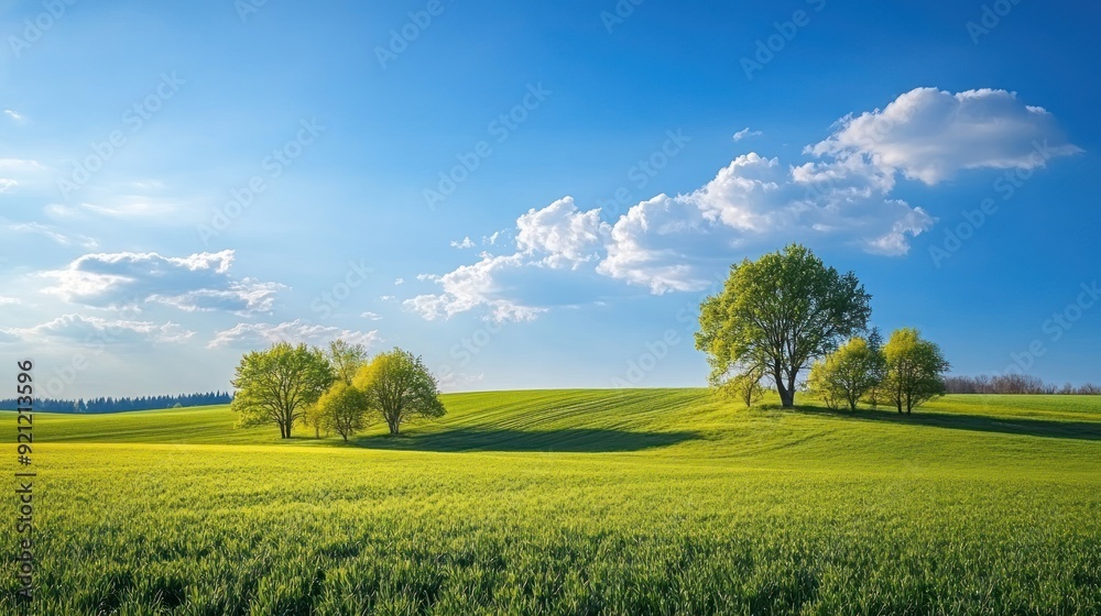 Fototapeta premium A field with two trees and a blue sky
