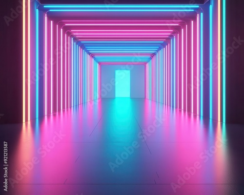 Empty catwalk with vibrant 3D runway lights in a futuristic setting  perfect for fashion design backgrounds
