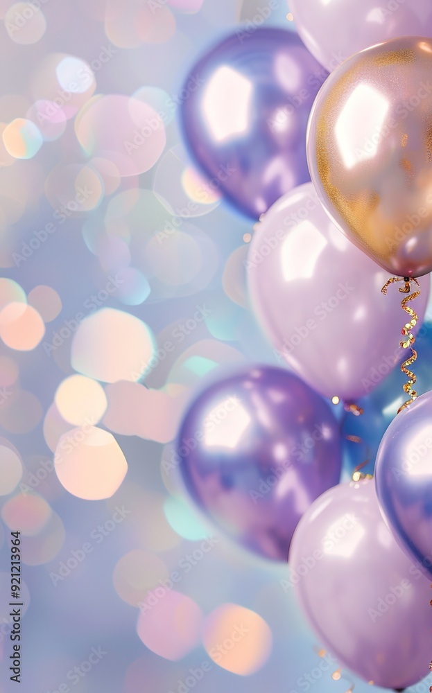 Metallic pastel color balloons with bokeh lights on a background. Celebration birthday party concept. Metallic pastel color balloons with bokeh lights on a background. Celebration birthday party concept.