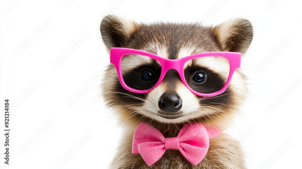 A raccoon wearing pink glasses and a pink bow tie. The raccoon has a big smile on its face A raccoon wearing pink glasses and a pink bow tie. The raccoon has a big smile on its face