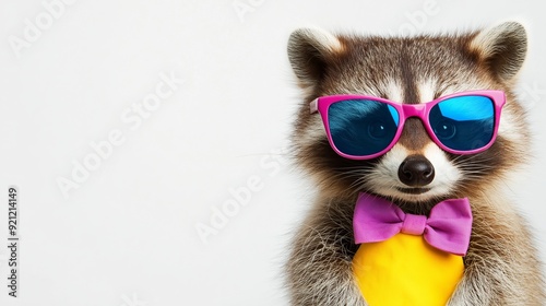 A raccoon wearing sunglasses and a pink bow tie. The raccoon is smiling and holding a yellow object