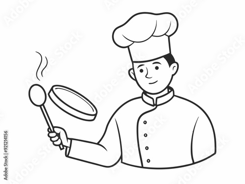 continuous single line drawing of chef with frying pan and spatula, line art vector illustration
