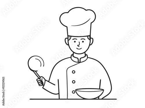 continuous single line drawing of chef with frying pan and spatula, line art vector illustration
