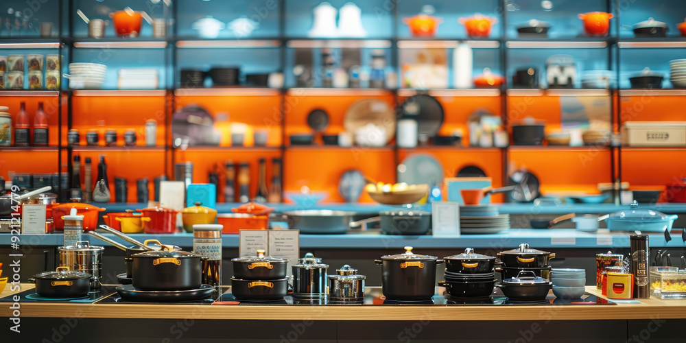 Obraz premium Colorful kitchenware displaying on wooden shelves and tabletop in modern kitchen. Pots, pans, plates, bowls, utensils, and ingredients are neatly organized