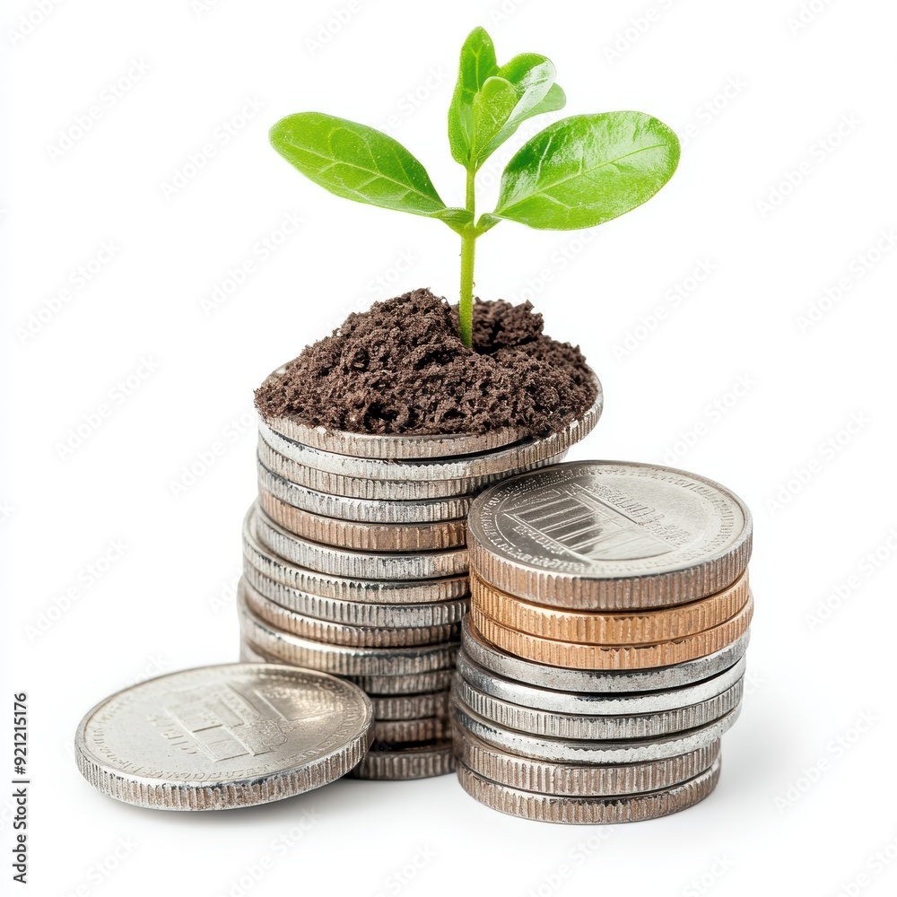 A plant growing on top of coins, symbolizing growth, investment, and sustainable financial development.