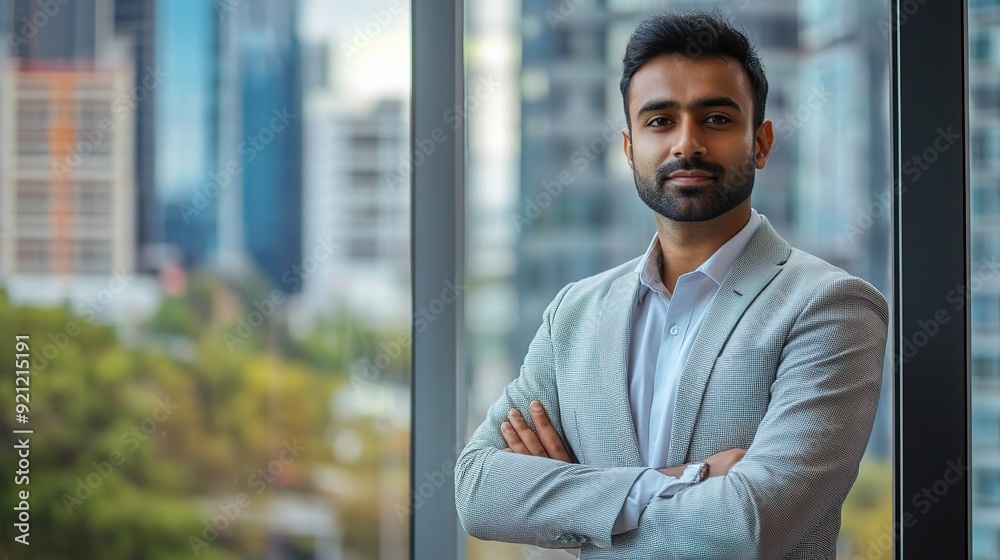 Confident Executive in Cityscape Office Confident Executive in Cityscape Office