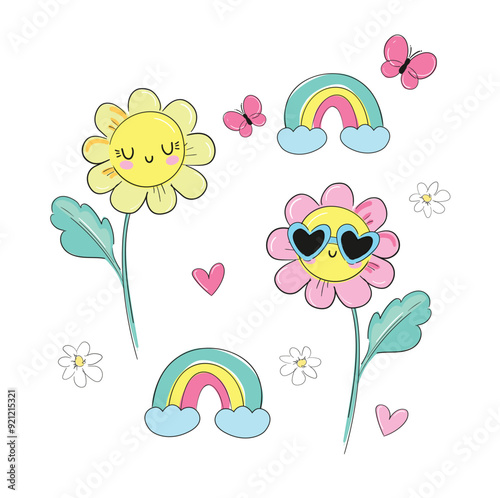 Cute Rainbows and flowers hand drawn vector illustration print design poster 