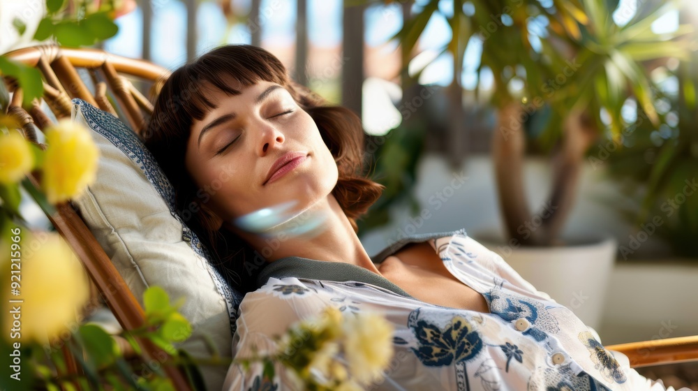 A woman is lying back on a wooden chair in a garden-like area, surrounded by plants and flowers, enjoying a serene and calm atmosphere, sun shining gently. A woman is lying back on a wooden chair in a garden-like area, surrounded by plants and flowers, enjoying a serene and calm atmosphere, sun shining gently.