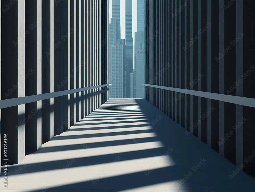 A futuristic catwalk in a 3D-rendered cityscape, dramatic lighting casting long shadows, seen from a low angle A futuristic catwalk in a 3D-rendered cityscape, dramatic lighting casting long shadows, seen from a low angle