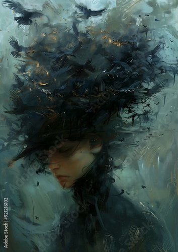 woman hat birds flying vibes fractal hair swirling fluid smokey enigma clouds looks talented kafka