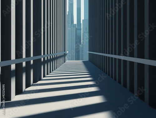 A futuristic catwalk in a 3D-rendered cityscape  dramatic lighting casting long shadows  seen from a low angle
