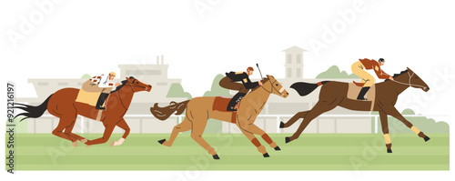 Horse racing on the hippodrome, jockeys sprinting on horses, vector cartoon Equestrian championship, sport competition