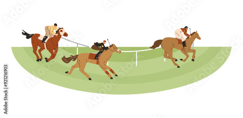 Horse racing on the hippodrome round racetrack, jockeys sprinting on horse, vector cartoon Equestrian sport championship