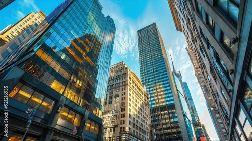 A view of a city's financial district, where imposing office buildings create a powerful skyline.
